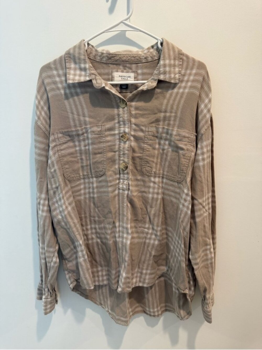 American Eagle Outfitters Taupe Plaid Long-Sleeve Button Shirt